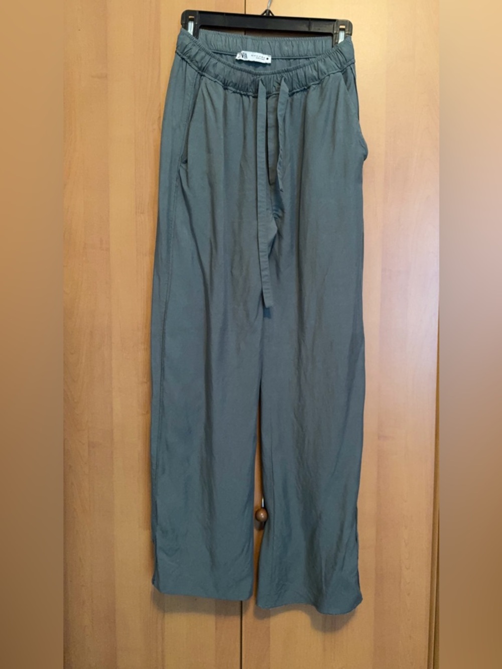 Zara Viscose Slate Green Drawstring Wide-Leg Chinos